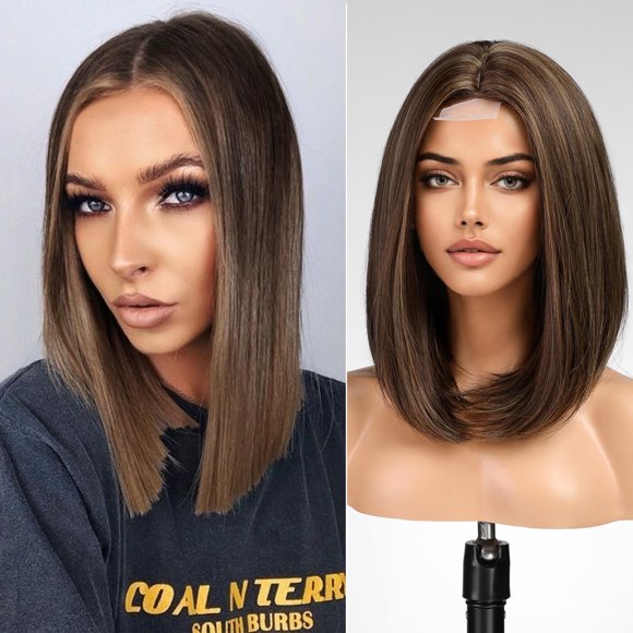 KOME Natural Brown Highlight Short Bob Wigs,Brown Straight Shoulder Length Wigs for Women,Middle Part Heat Resistant Fibre Synthetic Wig Daily Useâ¦