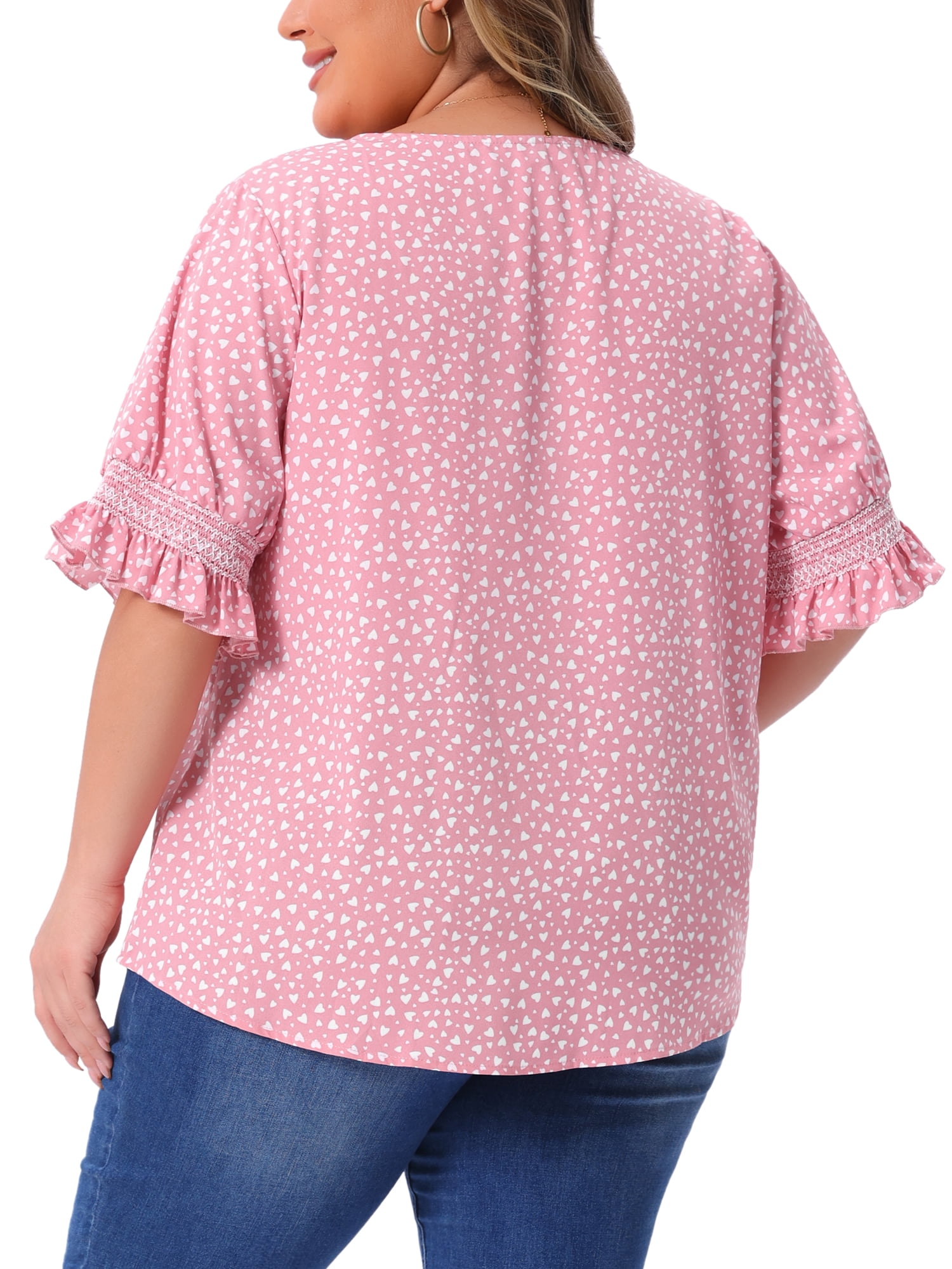 DARING DIVA Women's Plus Size Dots Heart Smocked Short Sleeve Blouse 2X Pink