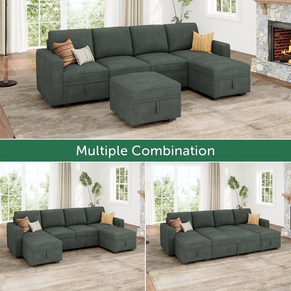 Marrber 101.4” U-Shaped Corduroy Sectional Modular Sleeper Sofa with Pull-Out Bed and Hidden Storage, Green