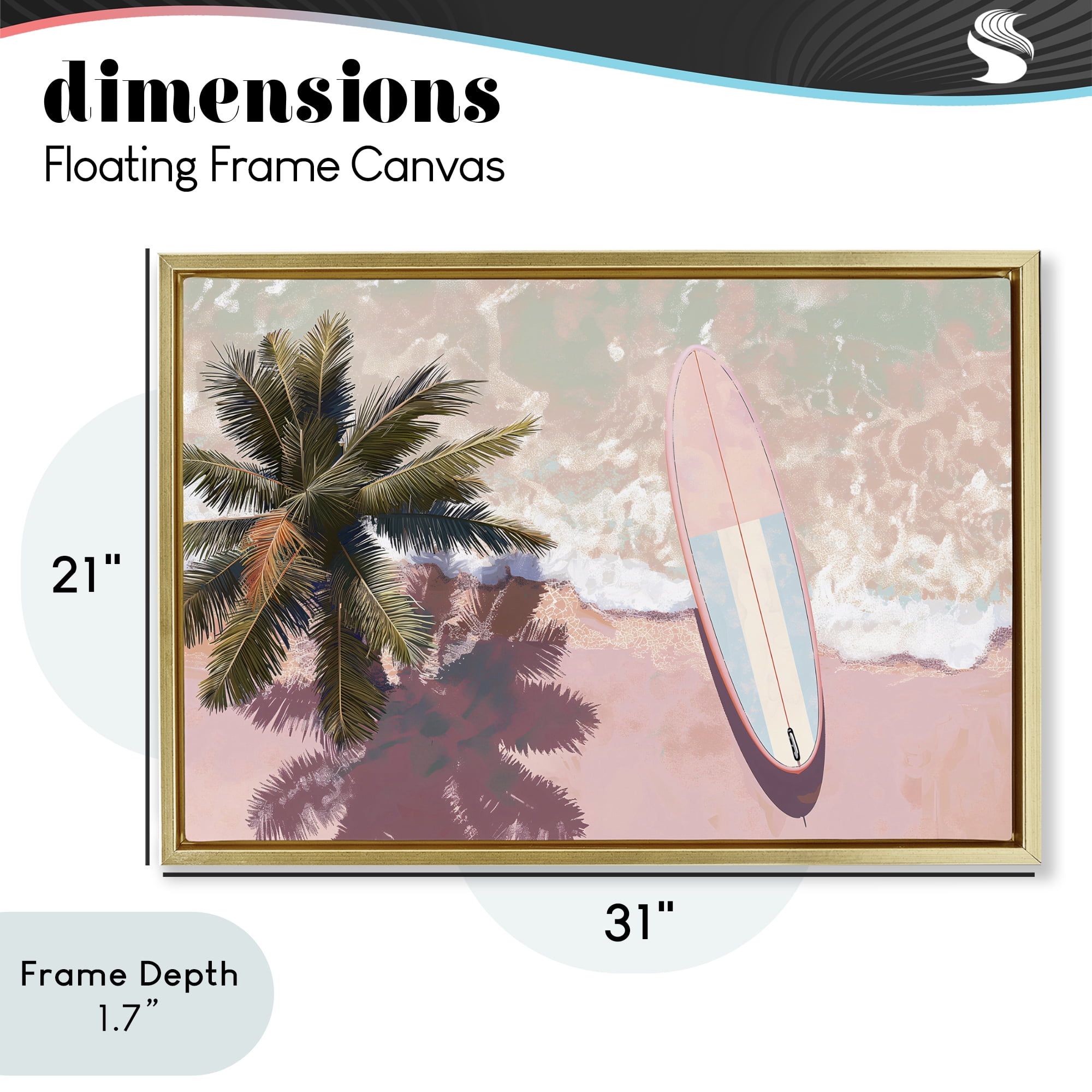 Stupell Industries Blush Pink Surfboard & Palm Gold Framed Floater Canvas Wall Art, design by Jacky Ngan