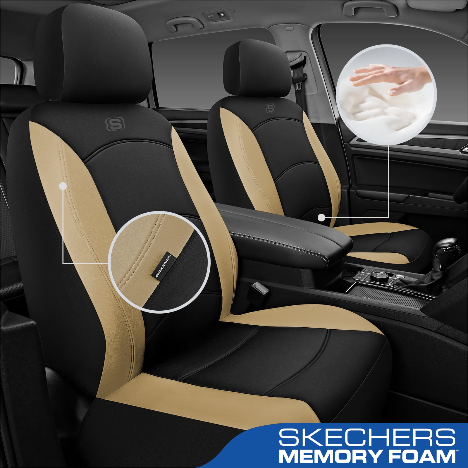Skechers Lycra Memory Foam Car Seat Covers,Soft,Comfortable,Universal Fit for Cars,Trucks and SUVs Beige