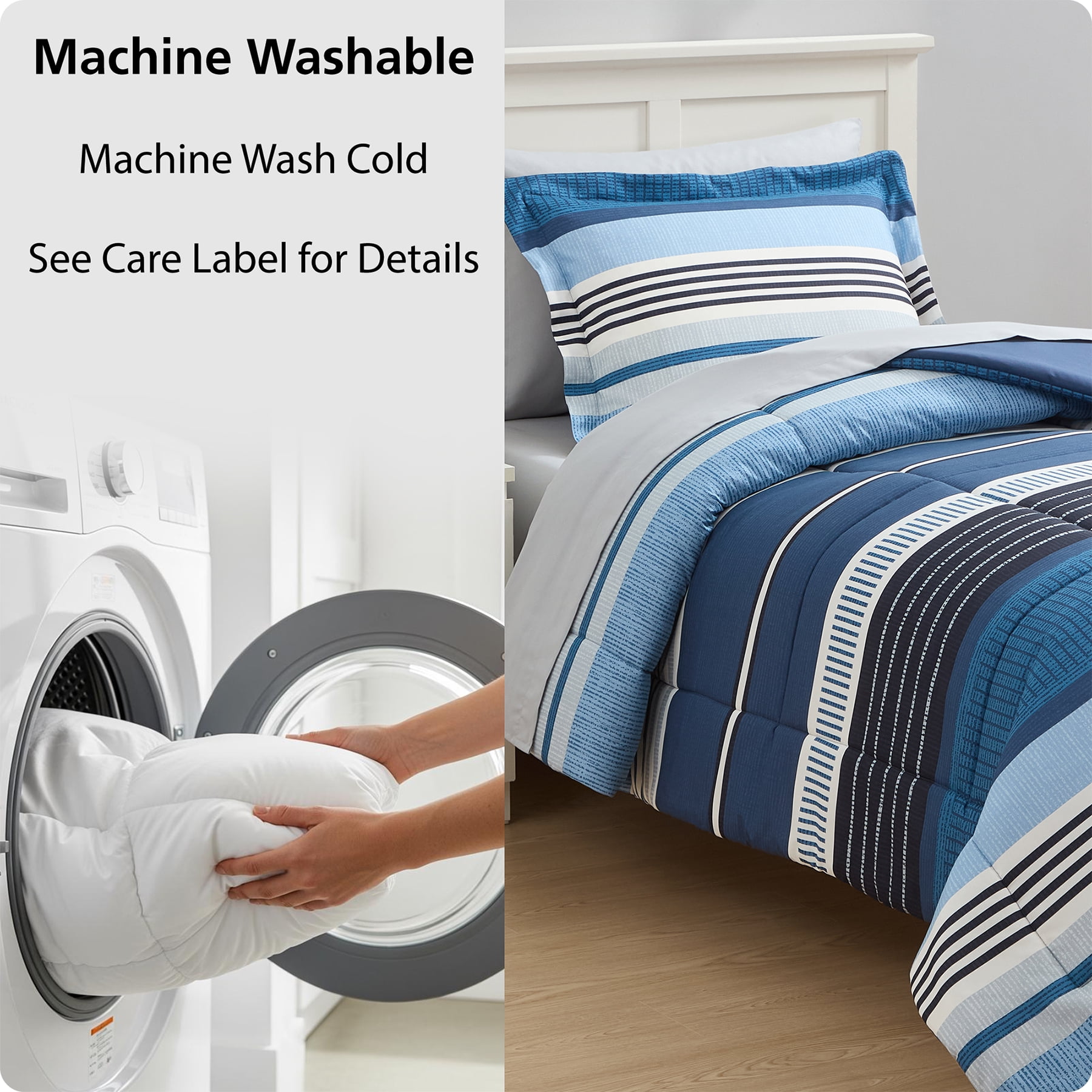 Mainstays All-in-One Reversible Comforter and Sheet Set, 5-Piece, Twin/Twin XL, Blue Stripe