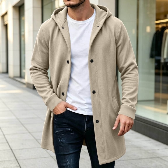 Men Winter Cardigan Jacket Hooded Button Mid Long Down No Zip Casual Long Sweatshirt Outerwear with Pockets Ribbed Cuffs