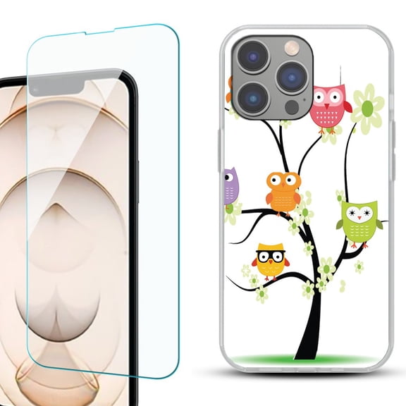 Slim-Fit Gel TPU Phone Case for iPhone 14 Pro, with Tempered Glass Screen Protector, by OneToughShield ® - Tree Owl