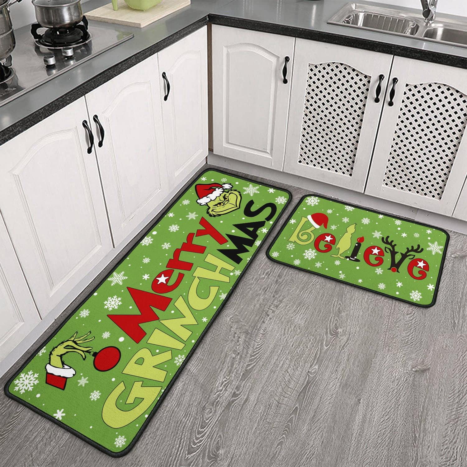 Chef Kitchen Rugs and Mats Set of 2, Christmas Believe Non-Slip Backing Kitchen  Rug, Kitchen Sets Low-Profile Washable Floor Mat for Home Kitchen Decor -  17x29 and 17x47 Inch 