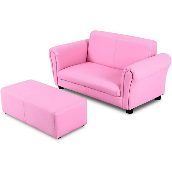 LDAILY Kids Sofa with Footstool, 2 Seat Armrest Children Couch w/Ottoman, Sturdy Wood Construction, PU Leather Upholstered Loveseat for Boys Girls, Kid Furniture Set with Stool (Pink)