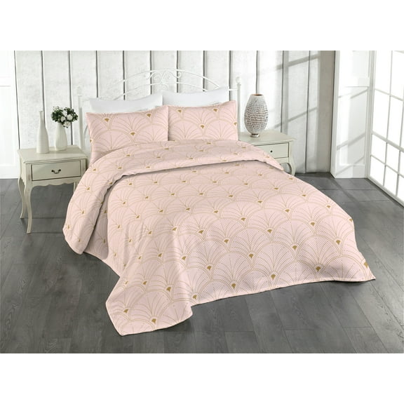 Ambesonne Art Deco Quilted Bedspread Set 3 Pcs, Rosy Color Classic Scales, King, Rose and Sand Brown