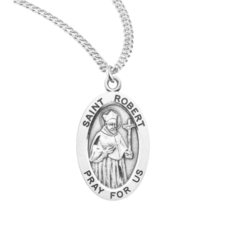 Sterling Silver Patron Saint St.Robert Medal Pendant Necklace in 20 inch Rhodium Plated Stainless Steel Chain, Deluxe Velvet Gift Box - Made in USA
