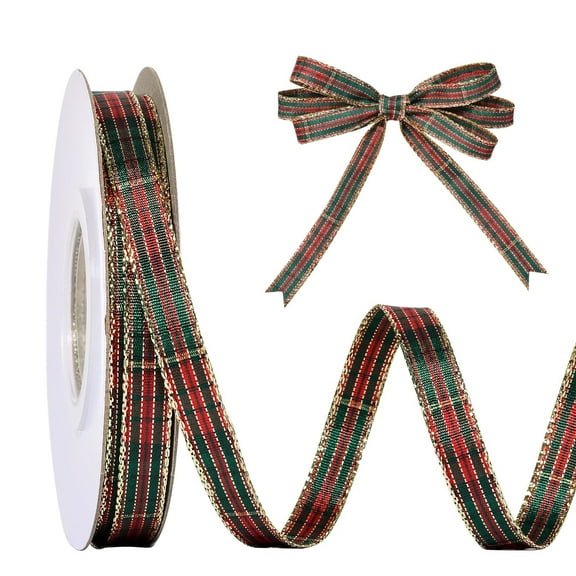 1 Roll Christmas Ribbon, 0.39in x 25 Yard Red Green Gold Plaid Checkered Ribbon Tartan Gold Thread Woven Edge Gingham Ribbon for Crafts, Gift Wrapping, Wreath, Christmas Tree and Home Decoration
