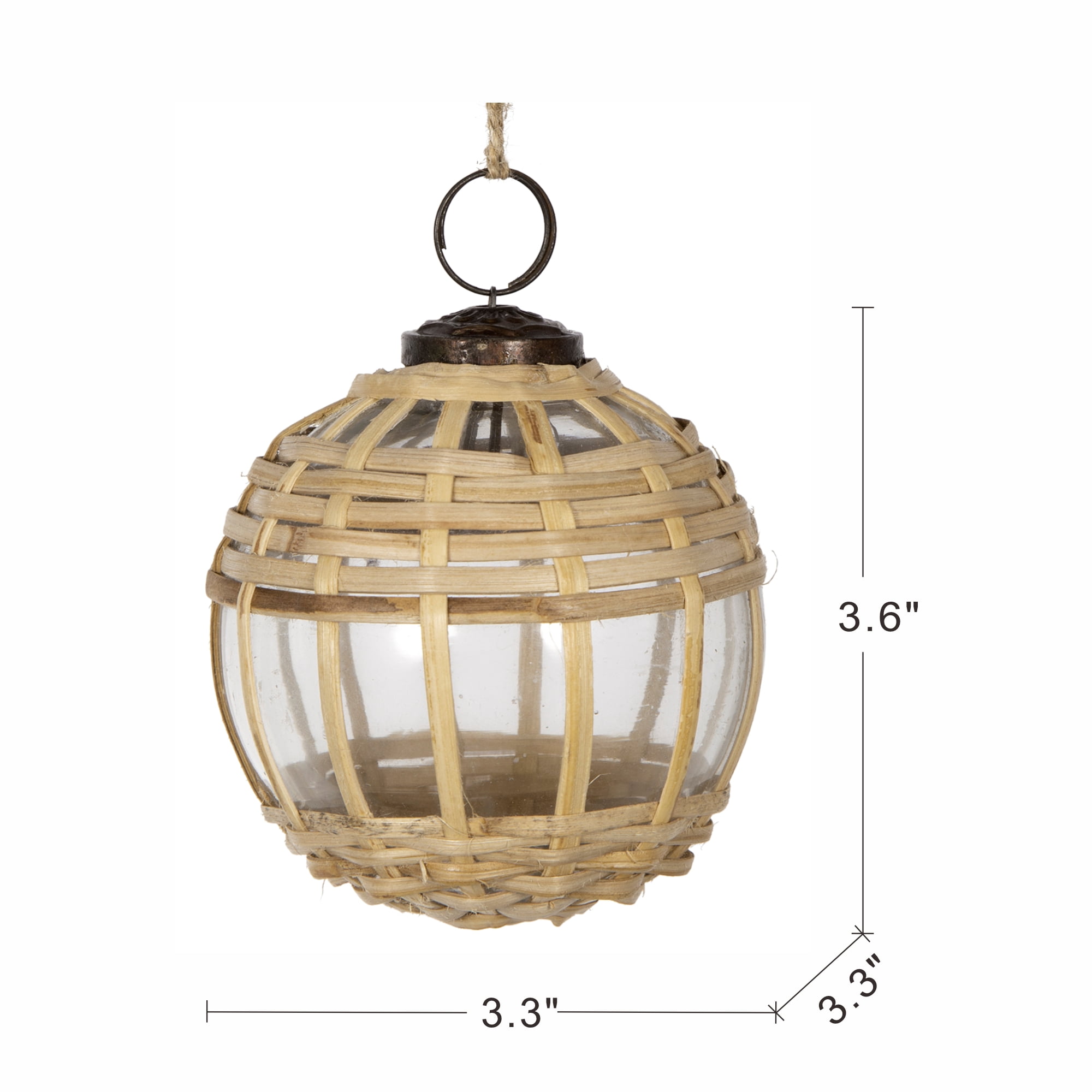 Glass and Cane Christmas Ball Ornament 3.6 Inch Rustic Natural Texture Tree Garland Decor