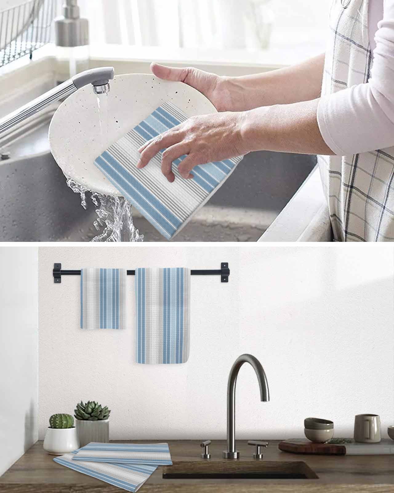 Blue Gray Stripes Kitchen Dish Towels for Drying Dishes Set of 4, Contemporary Minimalist Abstract Lines Waffle Weave Microfiber Terry Hand Tea Bathroom Towels Quick Dry & Absorbent Towel 12x12