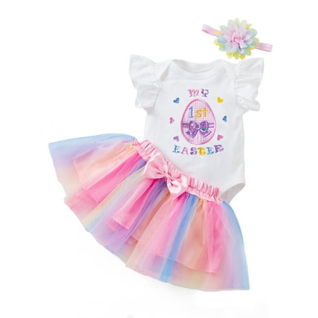 

Bagilaanoe 3Pcs Newborn Baby Girls Easter Outfits Embroidery Fly Sleeve Romper Tops + Mesh Tutu Skirt + Headband 3M 6M 9M 12M 18M 24M Infant Casual Skirt Set
