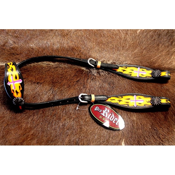 Horse Show Bridle Western Leather Headstall Tack Pink Yellow Cross  76165HA