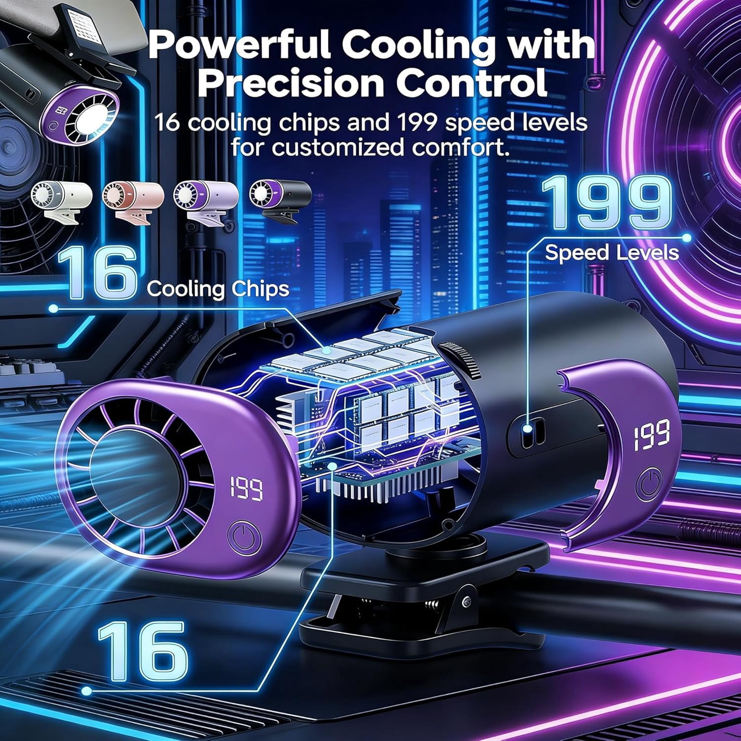 2026 Car Clip On Air Conditioner Fan With LED Display - 360° Rotation Adjustable 199 Speeds,Portable USB Rechargeable Personal Cooling Mini Fans for Office, Bike, Beach