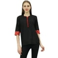 thumbnail image 2 of Bimba Women's Full Sleeve Cotton Tunic Band Collar Button Down Black Top-4, 2 of 5
