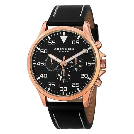 Akribos XXIV Men's Swiss Quartz Multifunction Dual Time Leather Strap Watch