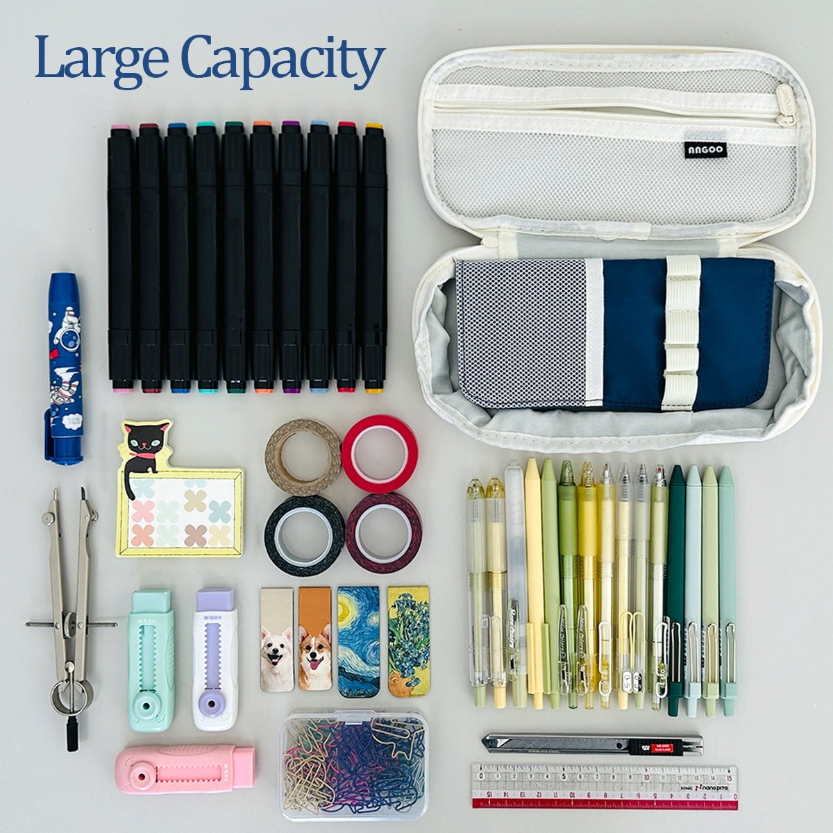 allydrew Large Capacity Pencil Case, Expandable Pencil Pouch with 3 Washi Rolls, Navy