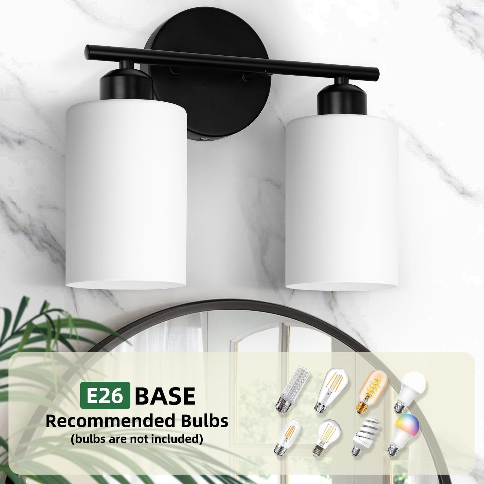 2-light Bathroom Light Fixtures  Black Modern Vanity Lights With Milky White Frosted Glass Shades Wall Sconce For Bedroom Living Room And Hallway 2-pack