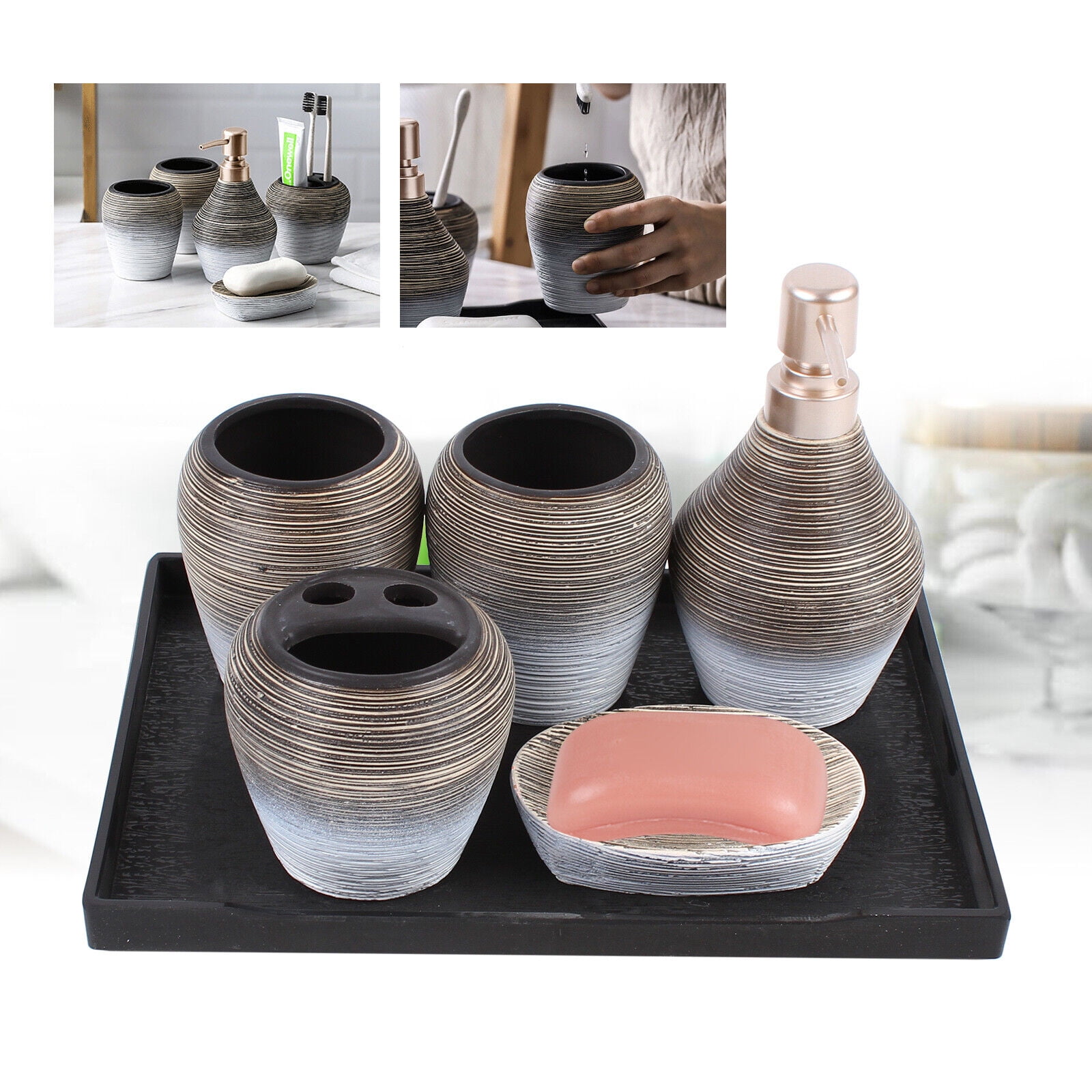 5 PCS Ceramic Bathroom Accessory Set, Retro, Lotion Soap Dispenser Toothbrush Holder Set for Bathroom
