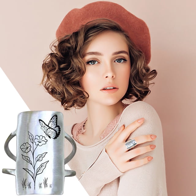 TIMIFIS Silver Rings New S925 Hummingbird And Flower Ring Ring S925 Sterling Flower And Bird Chunky Ring, Flower Hummingbird Engraved Wide Ring For Wome Valentine'S Day Gift