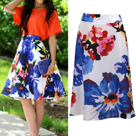 - Skirts Women Summer floral print full high waist Flared Pleated A Line Skirt Mini Skirts Size S
