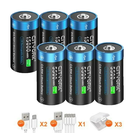 Image of 6 Pack 1.5V USB Lithium High Capacity Battery 3 Pack 5500mWh C Size Rechargeable Batteries and 3 Pack 15000mWh D Size Rechargeable Batteries with Battery Case and Charging Cable