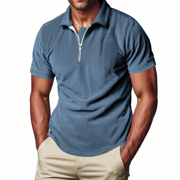 Zekutng Mens T Shirts Solid Color Half Zipper Pullover Turn down Collar Vertical Short Sleeve,Sizes S-3XL