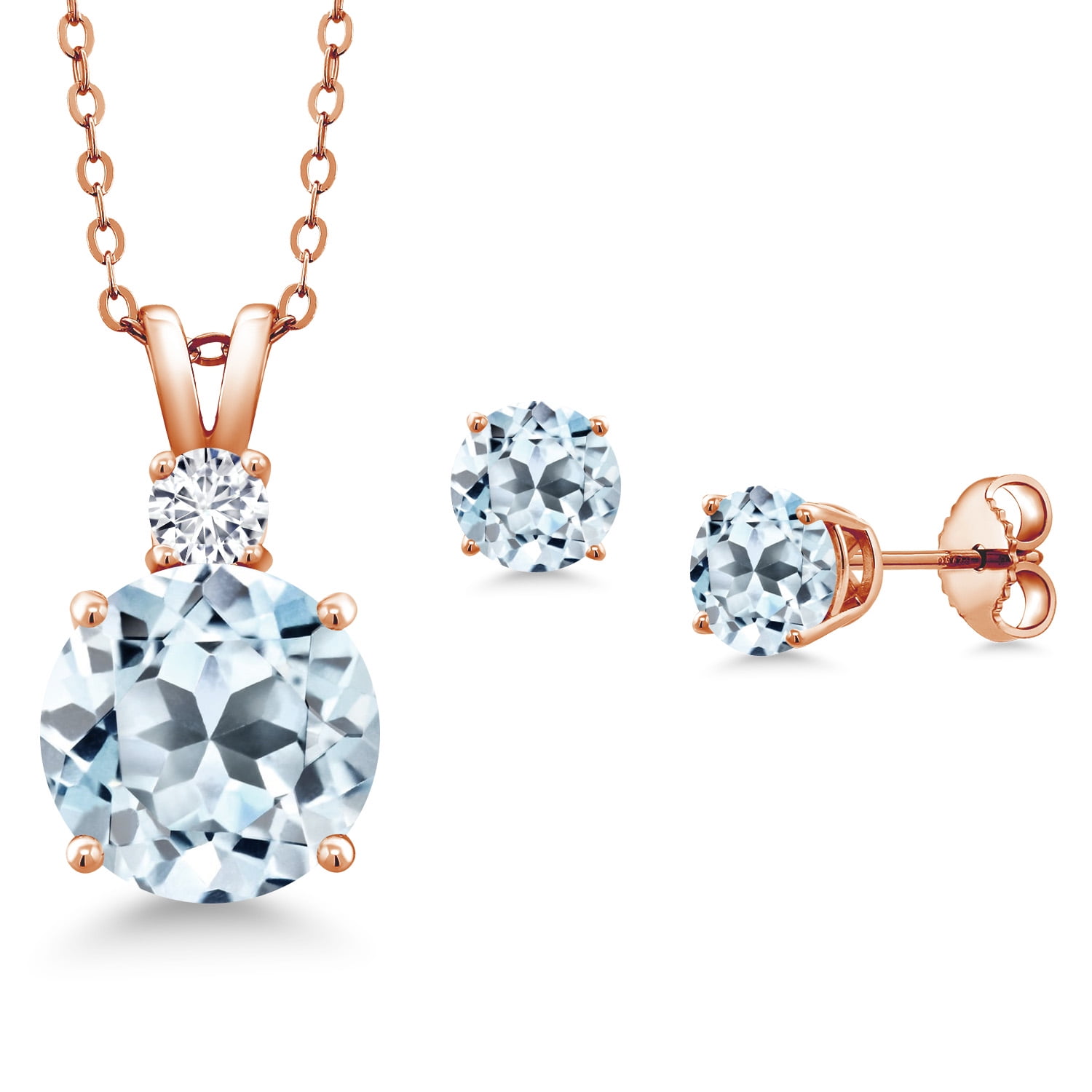 Gem Stone King 18K Rose Gold Plated Silver Round Sky Blue Topaz and G-H Lab Grown Diamond Pendant and Earrings Jewelry Set for Women (6.34 Cttw, Gemstone Birthstone, with 18 inch Chain)