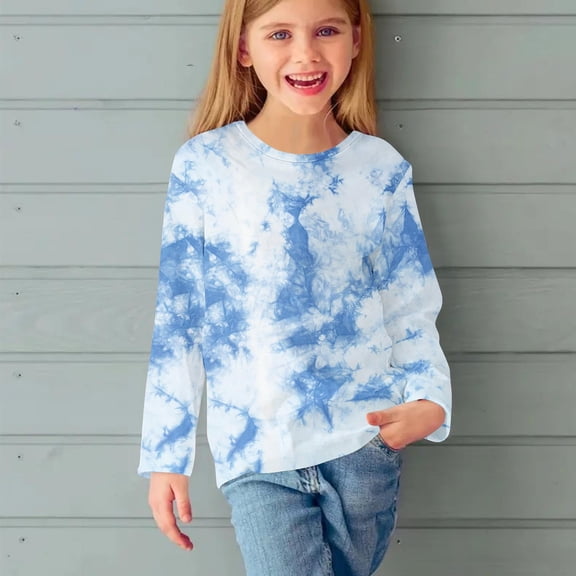 TtopsQueen Girls Tie Dye Long Sleeve Crew Neck Top, Cloud Wash Abstract Pattern Pullover Tee, Lightweight Stretchy Basic Layering Shirts for Little Girls Casual Street Wear Multicolor,3 Years