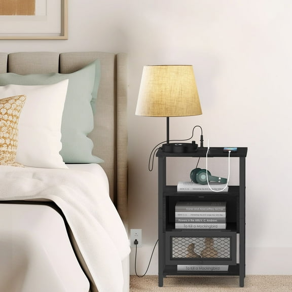 23in H Stylish Side Table Accent Table Side Table with Built-In Charging Station black