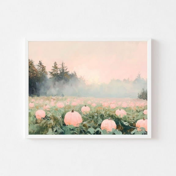 Kna Prints - 1 Pc Poster Foggy Pink Pumpkin Patch Painting Autumn Field Wall Art Print Pastel October November Girly Fall Harvest Wall Art, UNFRAMED-8x12