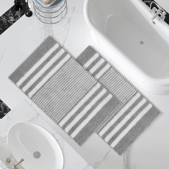 Tindbea Bathroom Rugs Set 2 Piece, Extra Soft and Absorbent Fluffy Striped Chenille Bath Mat Rug Set, Non Slip Bathroom Floor Mat, Machine Washable (20" x 32" Plus 20" x 32", Gray)