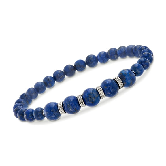 Ross-Simons 6-8mm Lapis Bead and .24 ct. t.w. Diamond Stretch Bracelet With Sterling Silver, Women's, Adult