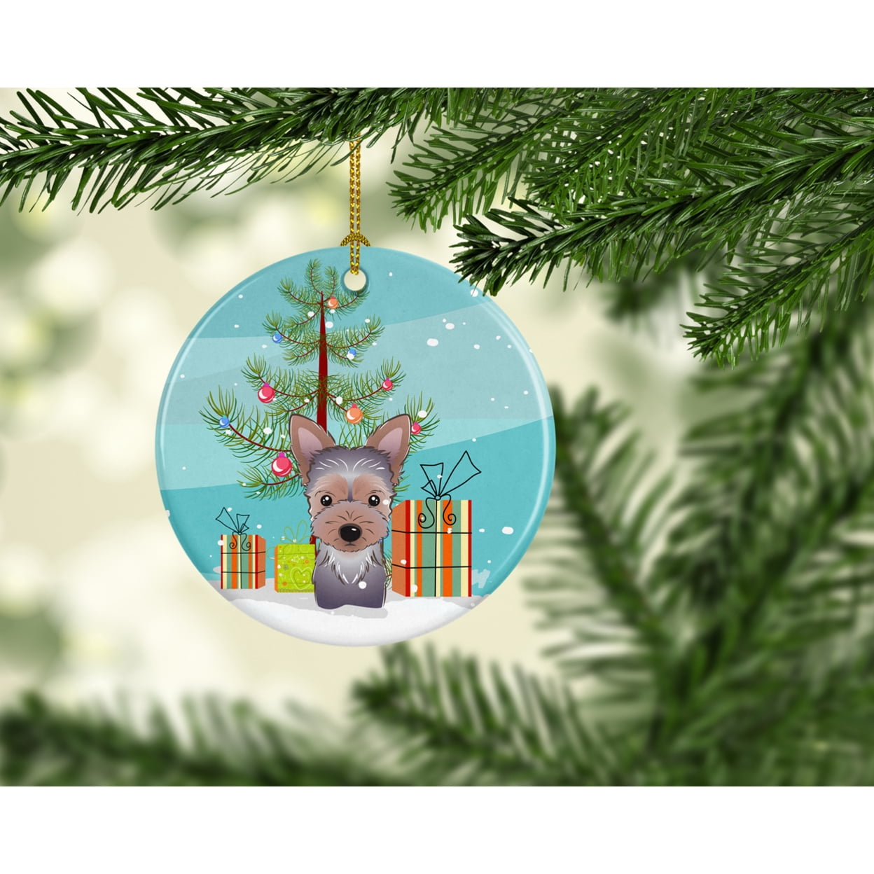 Christmas Tree and Yorkie Puppy Ceramic Ornament