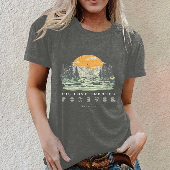 T Shirts for Women Short Sleeve Print Tops Crew Neck Casual Loose Fit Women T Shirts Grey
