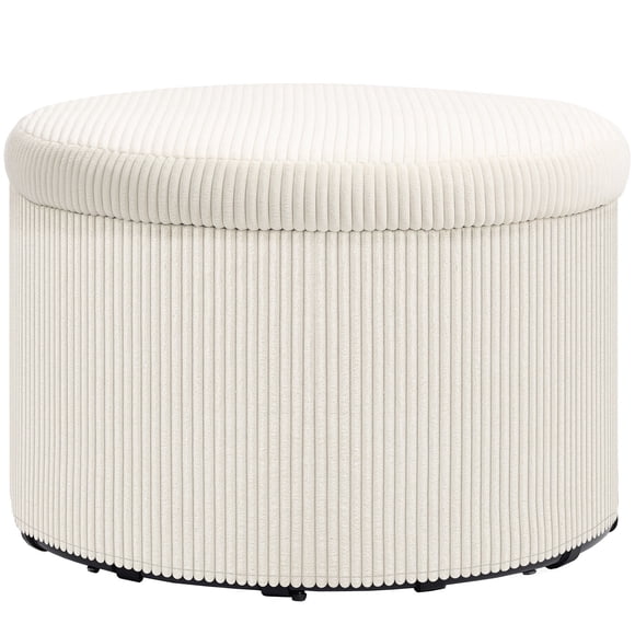GETHFSA 24 Inch Storage Ottoman, Upholstered Pouf Ottoman with Hidden Storage, Round Corduroy Foot Rest Stool for Living Room Bedroom, Beige