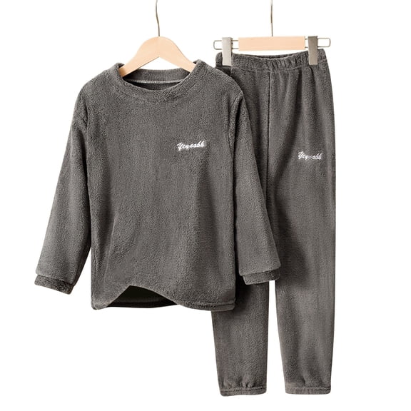 XIMIN Kids Fleece Sleepwear Set, Boys Girls Thermal 2 Piece Outfit, Fall Winter Warm Flannel Sweatshirts and Pants (Grey, 4-5 Years)