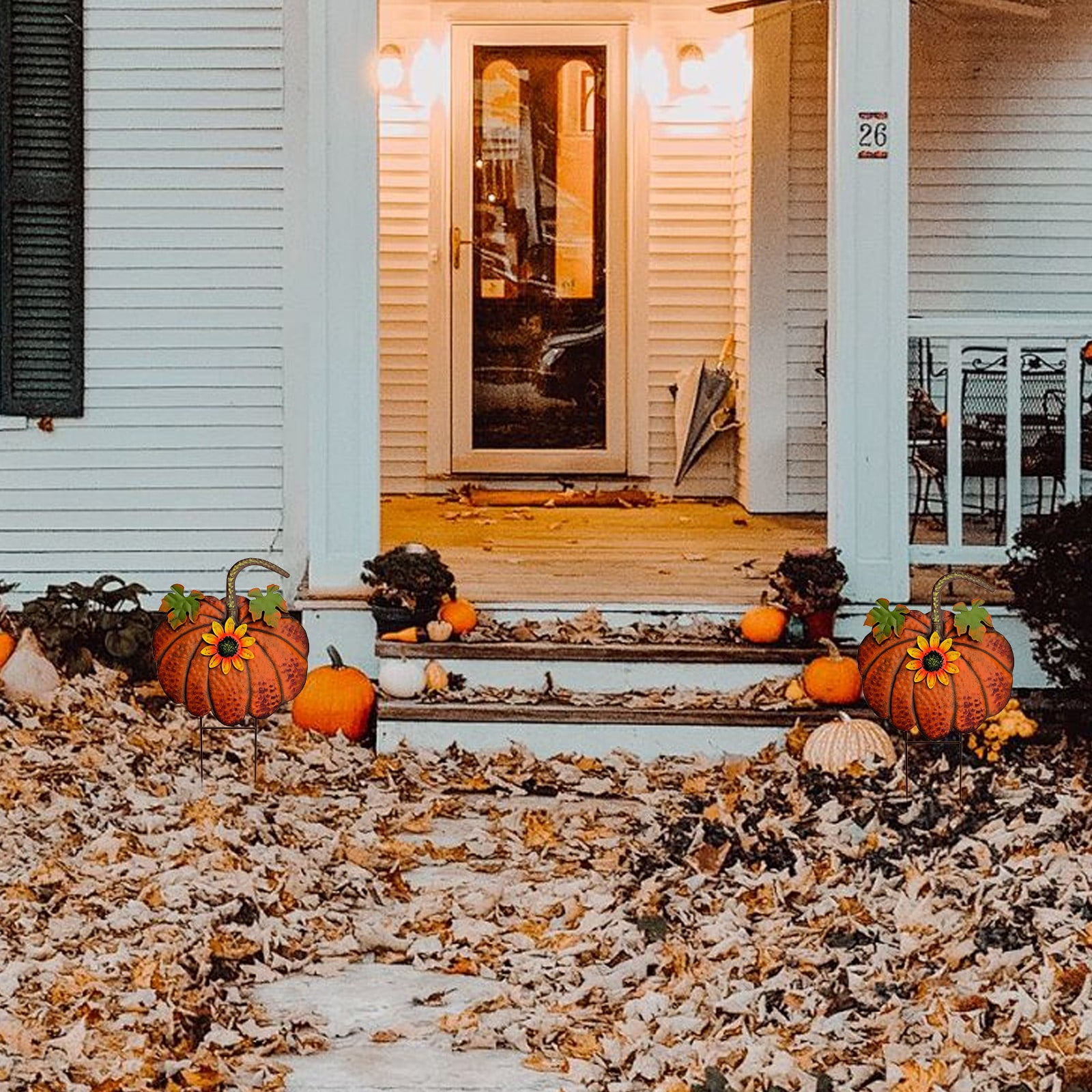 ZLBDYG Rustic Metal Pumpkin Hanging Decoration & Stake Garden Outdoor Decor - Fall Thanksgiving Yard Sign with Green Stem for Lawn Pathway Porch Autumn Festival Seasonal Decoration
