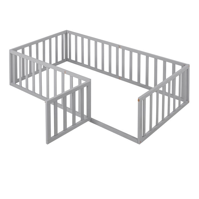 Twin Size Floor Bed Platform Bed with Fence and Door, Wood Montessori Bed Toddler Bed Playhouse Bed for Boys Girls, No Slats