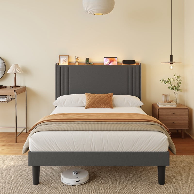 Luxury Wingback Upholstered Platform Bed Frame, Noise-Free & Sturdy, No Box Spring Required, Full Size Bed Dark Grey