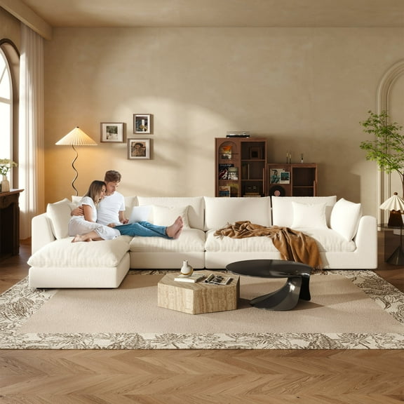 Fajiani 156'' Oversized Sectional Sofa, Modular Sofa with Ottoman, Cloud Couch,Deep Seating Sofa Modern Living Room/Office (Linen, Cream White-5 Seater)