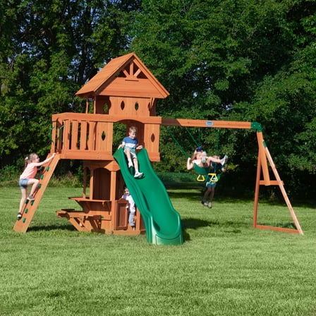 Backyard Discovery Woodland Cedar Wood Swing Set, Slide, Clubhouse, Rock Wall, Snack Bar