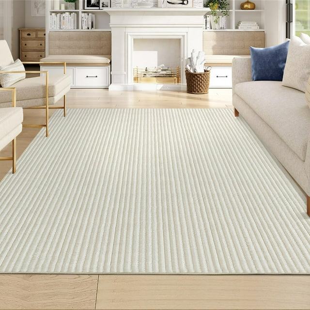 Living Room Area Rug, Large Machine Washable Rug, Non Slip Modern Stripe Floor Carpet, Indoor Pearl Velvet Soft Rug, Foldable Printed Rug for Dining Room, Bedroom, Nursery, Beige Tones