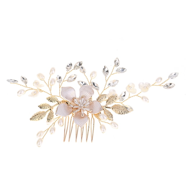 Nvzi Horquillas para el pelo de boda con flores para novias, peinetas con perlas de cristal, pinzas para el pelo, accesorios para el pelo de boda dorados, joyas - Oro A