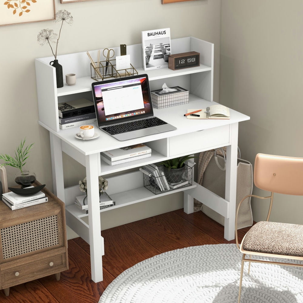 Demi Bonn Home Office Computer Desk with Storage Shelves and Drawer Ideal for Working and Studying, White