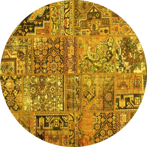 Ahgly Company Machine Washable Indoor Round Patchwork Yellow Transitional Area Rugs, 7' Round
