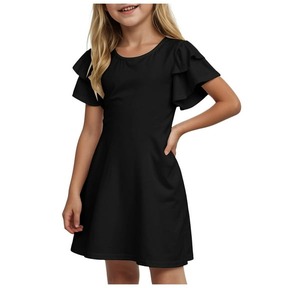 Zanarzt Girls Princess Dress Cotton Girls Summer Short Sleeve Dress A Line Swing Basic Twirl Party Dresses Black,5-6 Years