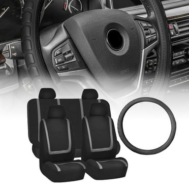 FH Group Unique Flat Cloth Auto Seat Covers Combo, Full Seat Covers Set Steering Cover