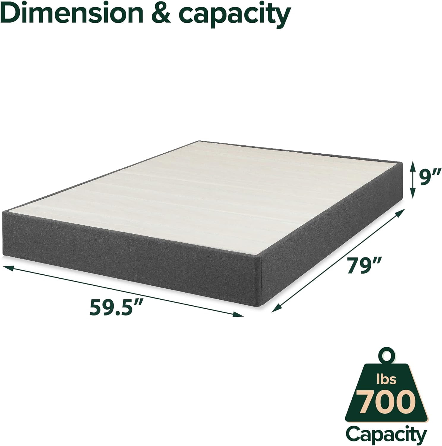 Zinus 9" Upholstered Metal Box Spring with Wood Slats, Mattress Foundation, Queen