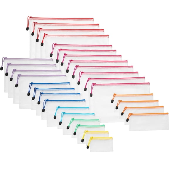 30-Pack Mesh Zipper Pouch Bags, 8 Sizes Assorted Colors Storage Organizers, Multipurpose Clear Travel Document Bags for Office Home School Organization